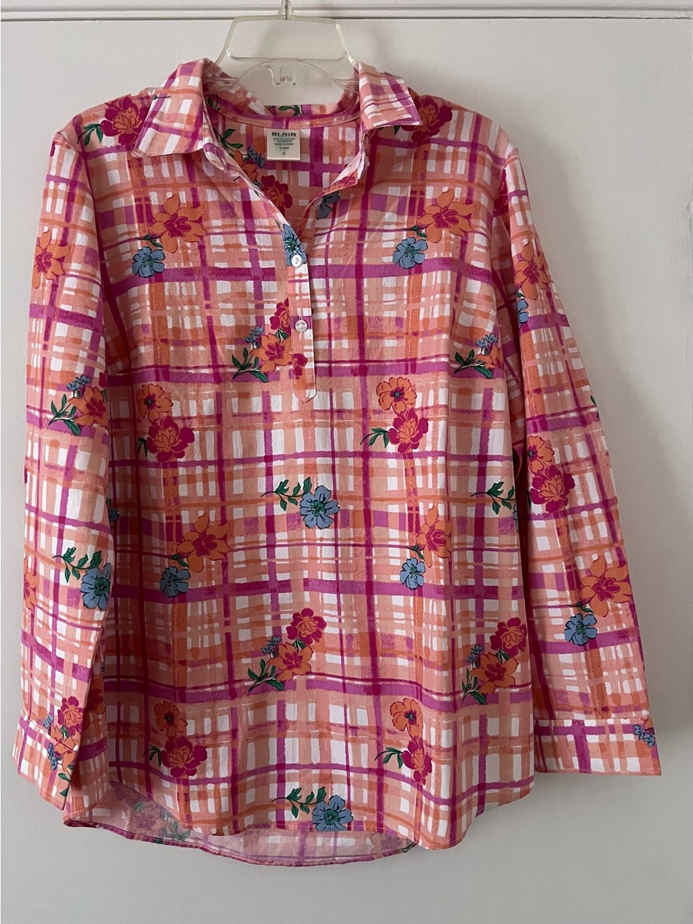 Blair Women’s Long Sleeve Popover Tunic Top Pink & Orange Plaid Floral Size M